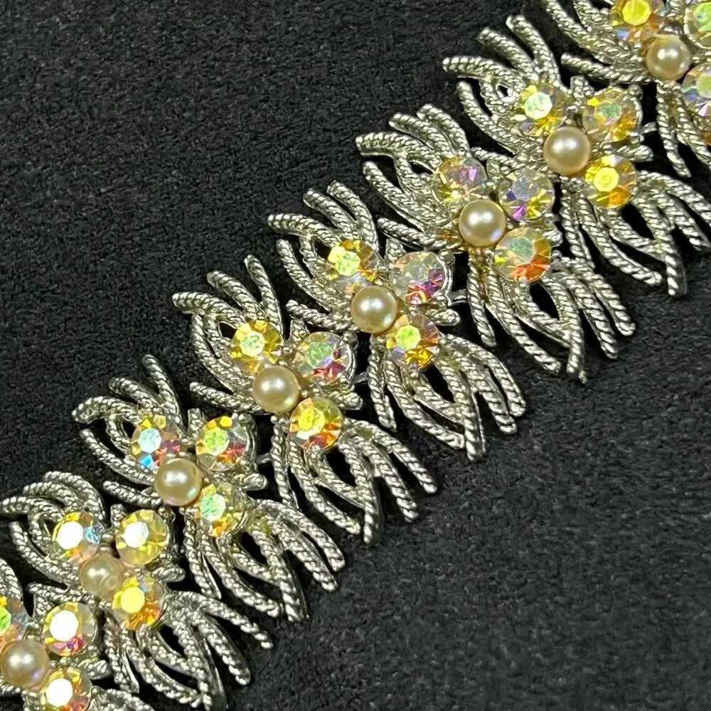 Vint Coro Pegasus Signed Silver Tone AB Rhinestone Faux Pearl Diamante Bracelet